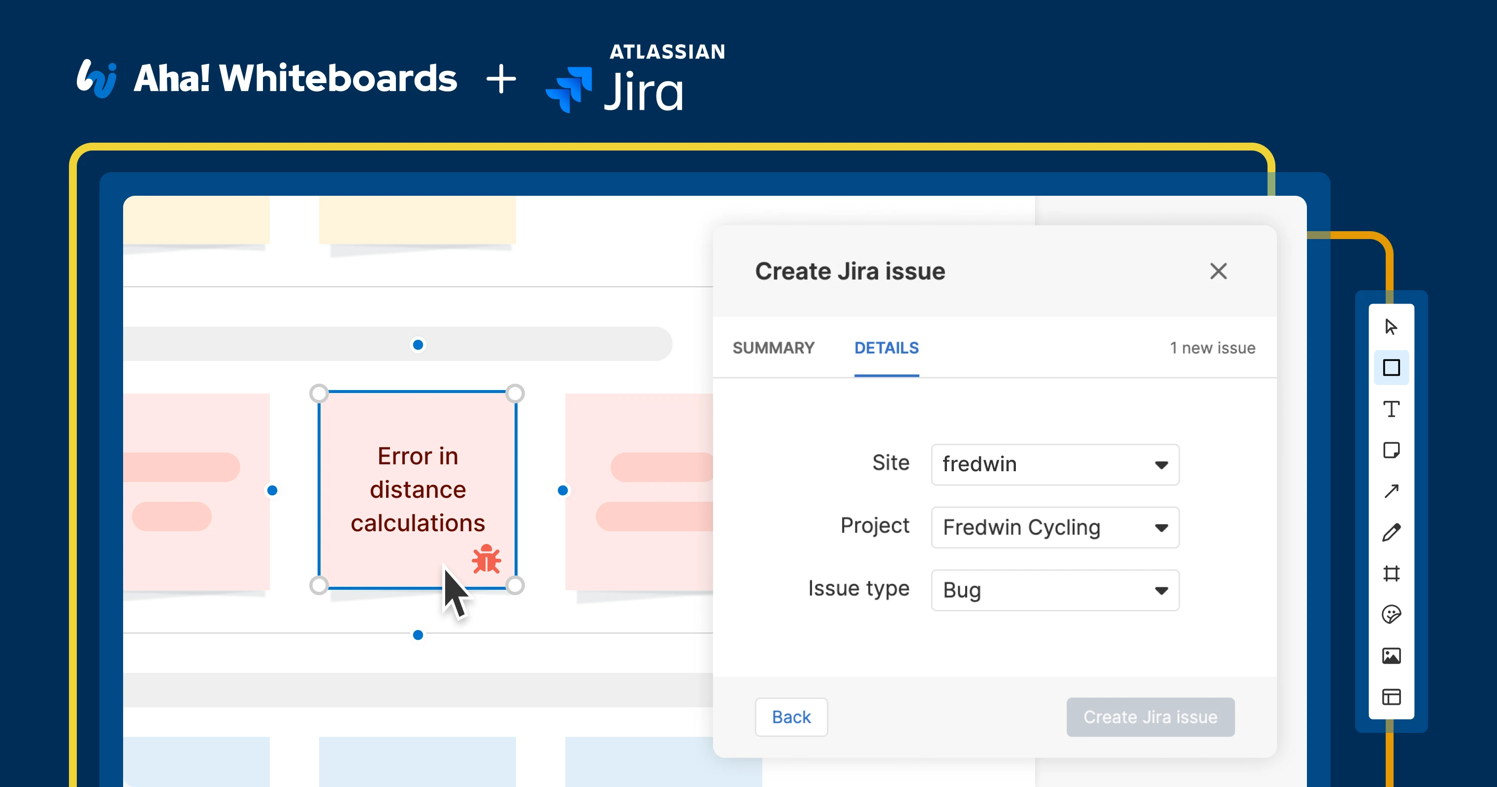 An image showing someone converting a sticky note to a Jira issue from an Aha! whiteboard