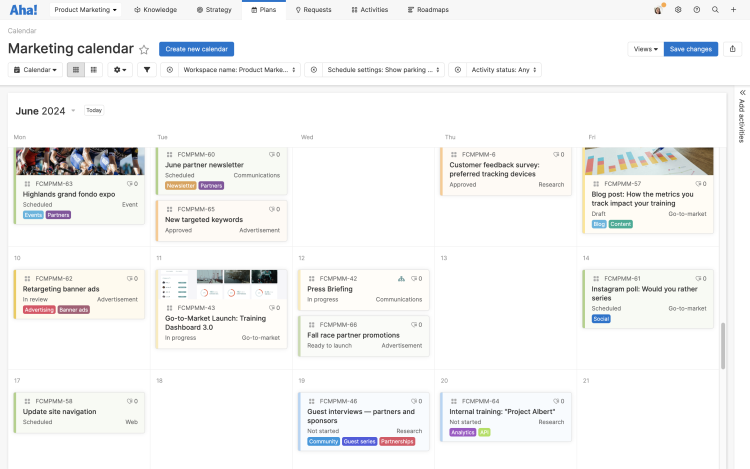 A calendar view for a product marketing team's work created in Aha! software