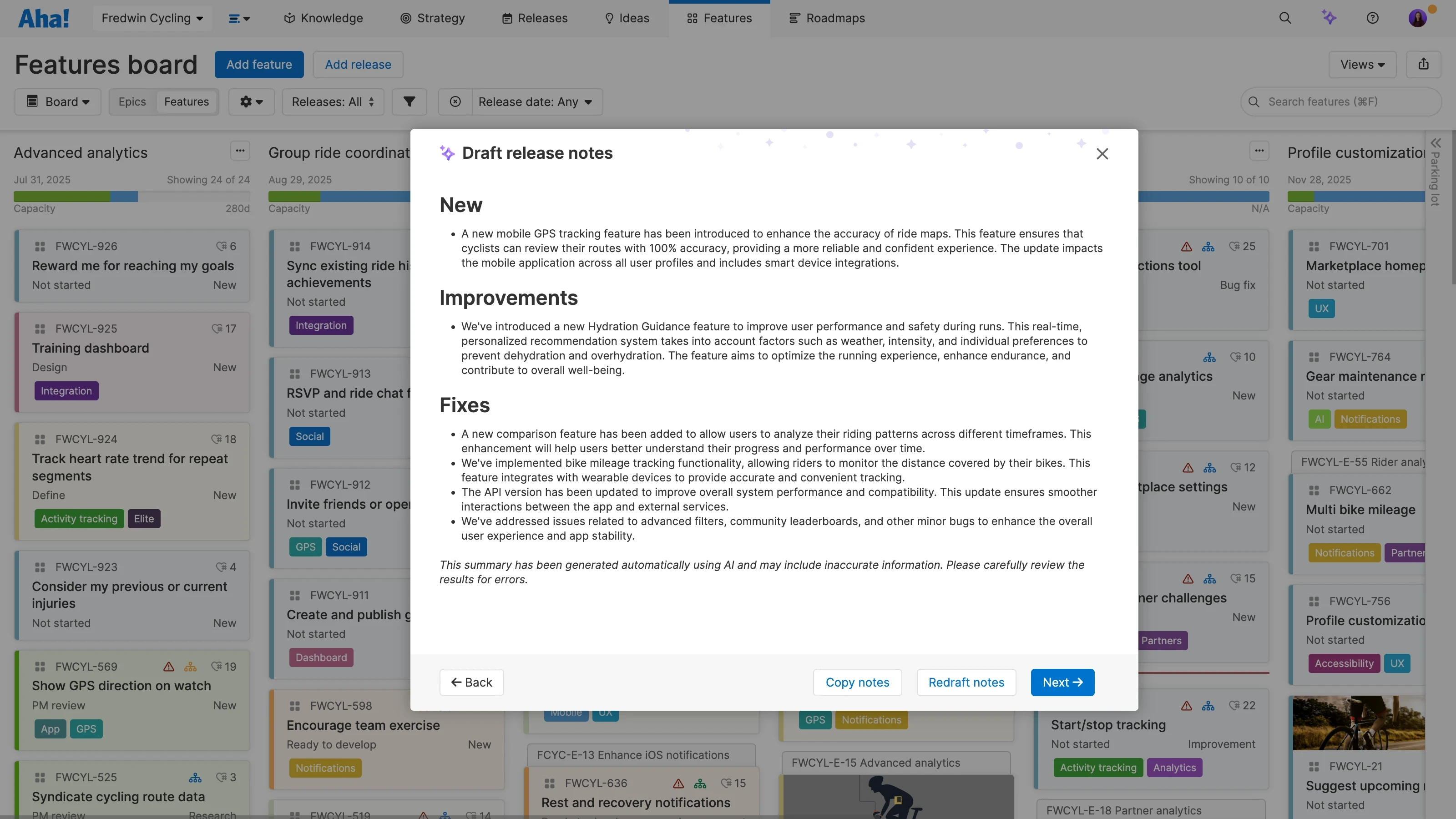Elle can automatically generate release notes when you ship work in Aha! Roadmaps.