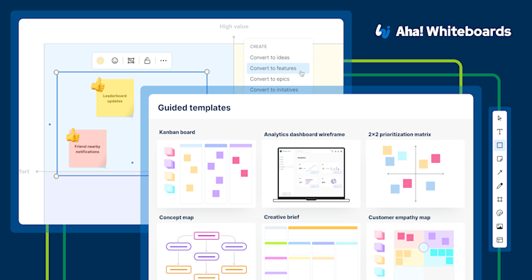 An image showing templates and other functionality in Aha! Whiteboards