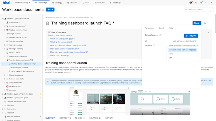 Document access controls open for a workspace document, focus on reviewer settings.