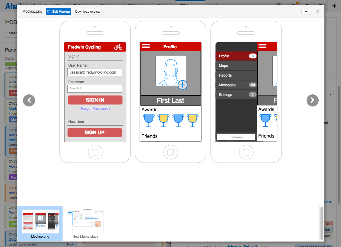 A completed web app mockup attached to an Aha! feature.