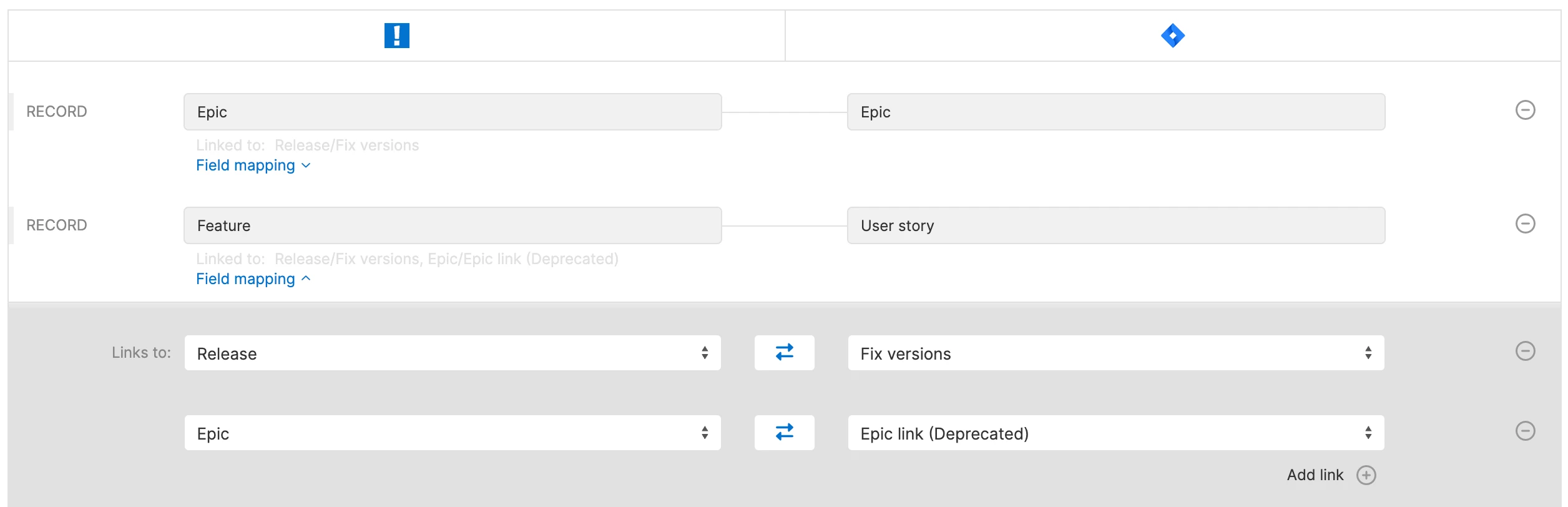 Jira integration configuration in Aha! Roadmaps showing a deprecated epic link field. 