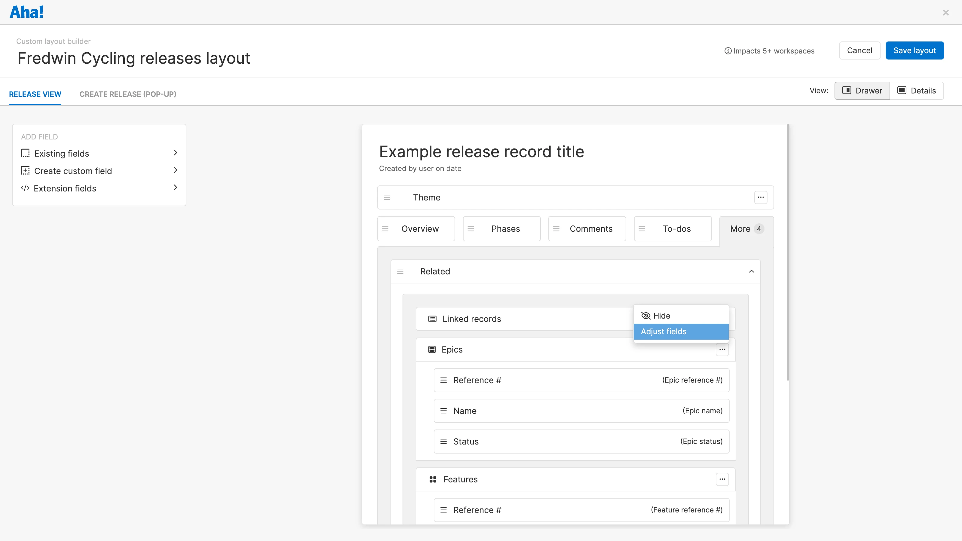 Custom layout for a release while the related tab is being configured
