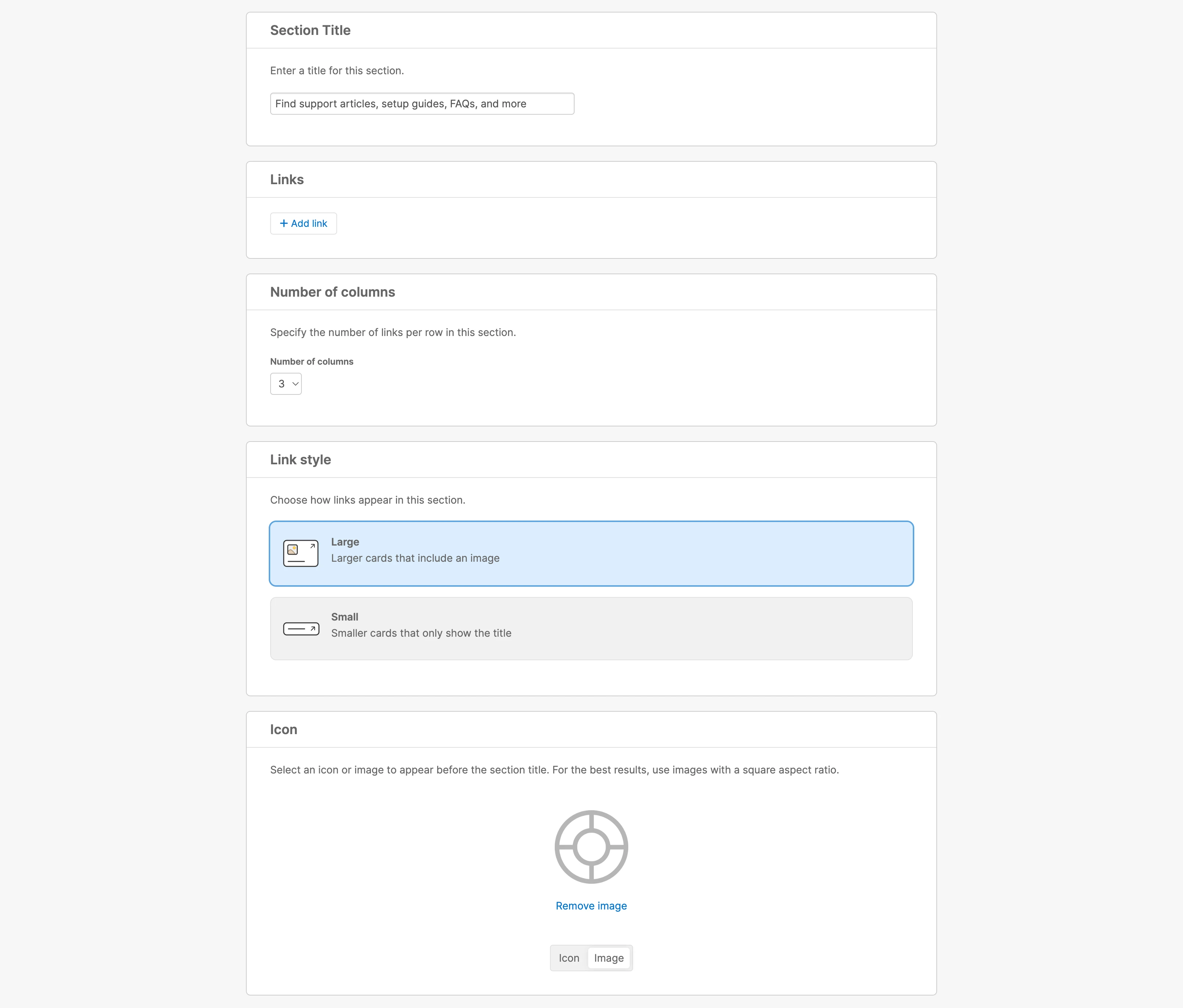 Section settings in the homepage settings for a knowledge base