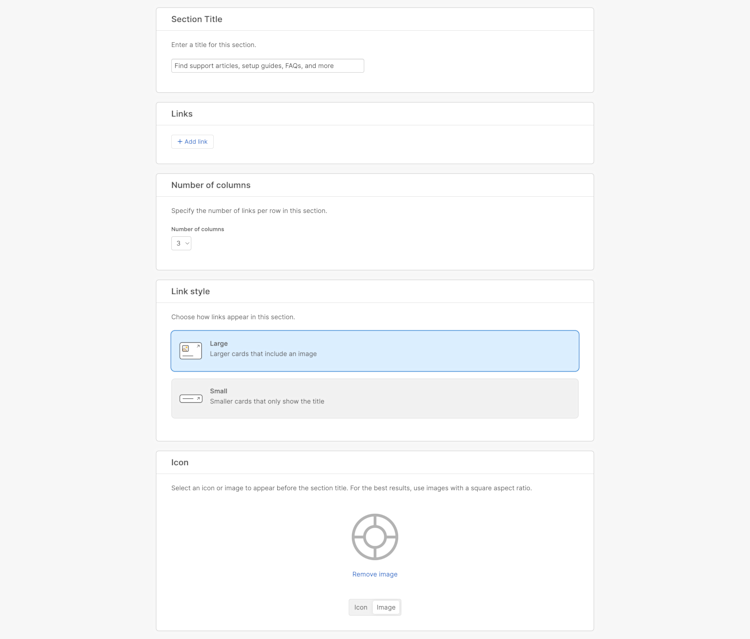Section settings in the homepage settings for a knowledge base