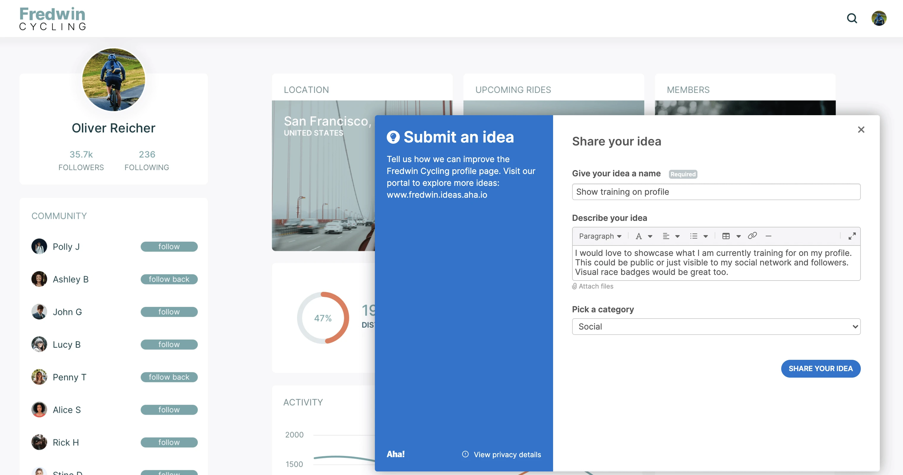 The in-app ideas submission widget expanded in front of a user's application.