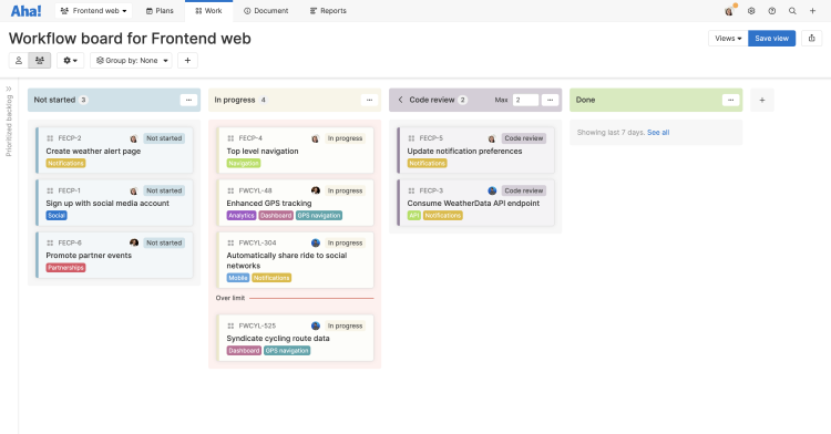 A kanban-style workflow board in Aha! Develop with a visible WIP limit on one of the status columns