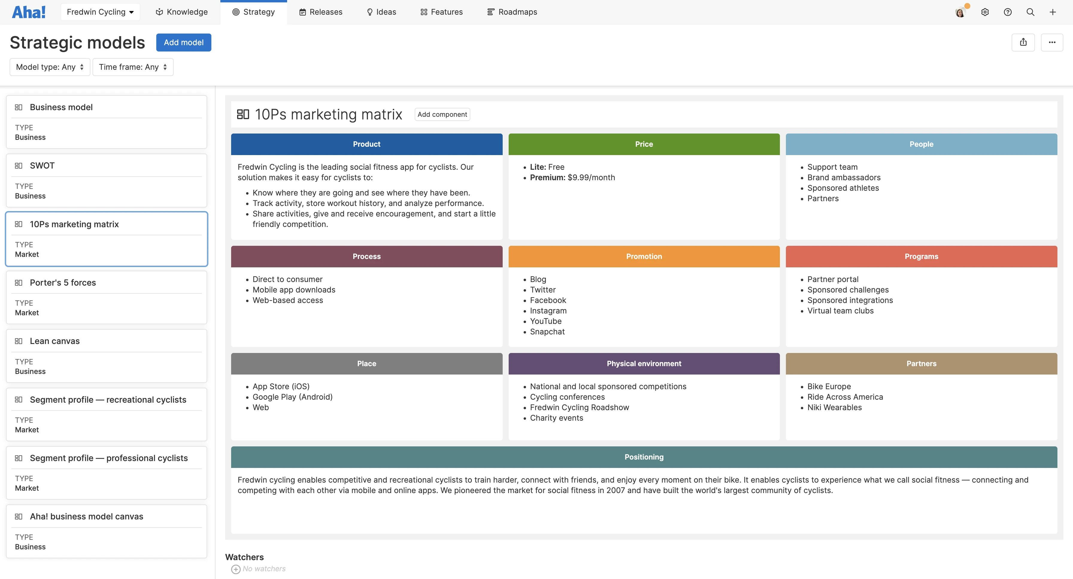 An assortment of strategic models available on Aha! Roadmaps