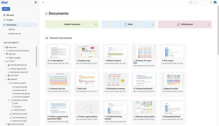 documents page in Aha! Notebooks