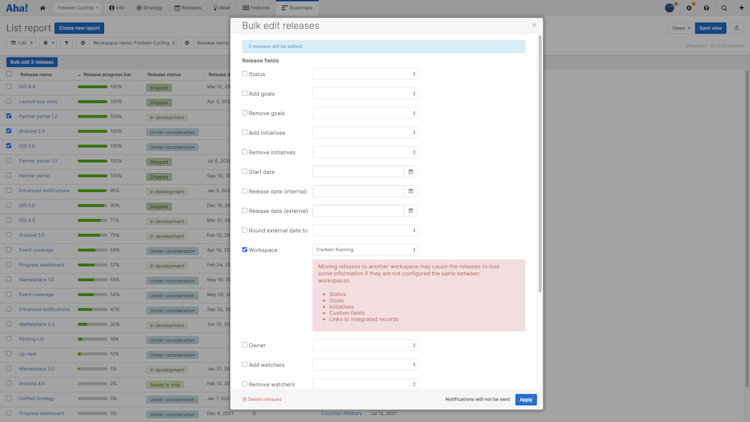 A releases list report with several releases selected and about to be bulk-moved to another workspace.