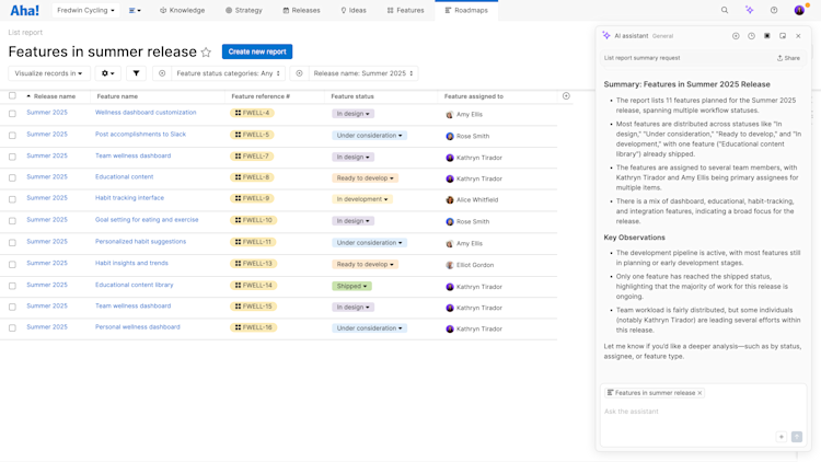 AI assistant analyzing a list report in Aha! Roadmaps