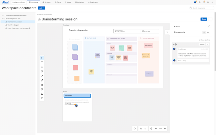 Brainstorming session whiteboard template with emoji reactions and inline comments.