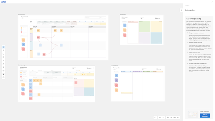 Whiteboard with SAFe templates inserted: program board, ROAM board, sprint planning, and PI retrospective.