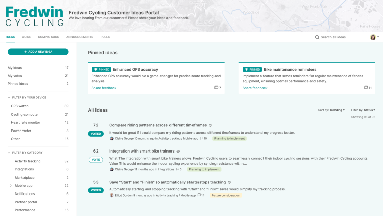 An example ideas portal for Fredwin Cycling