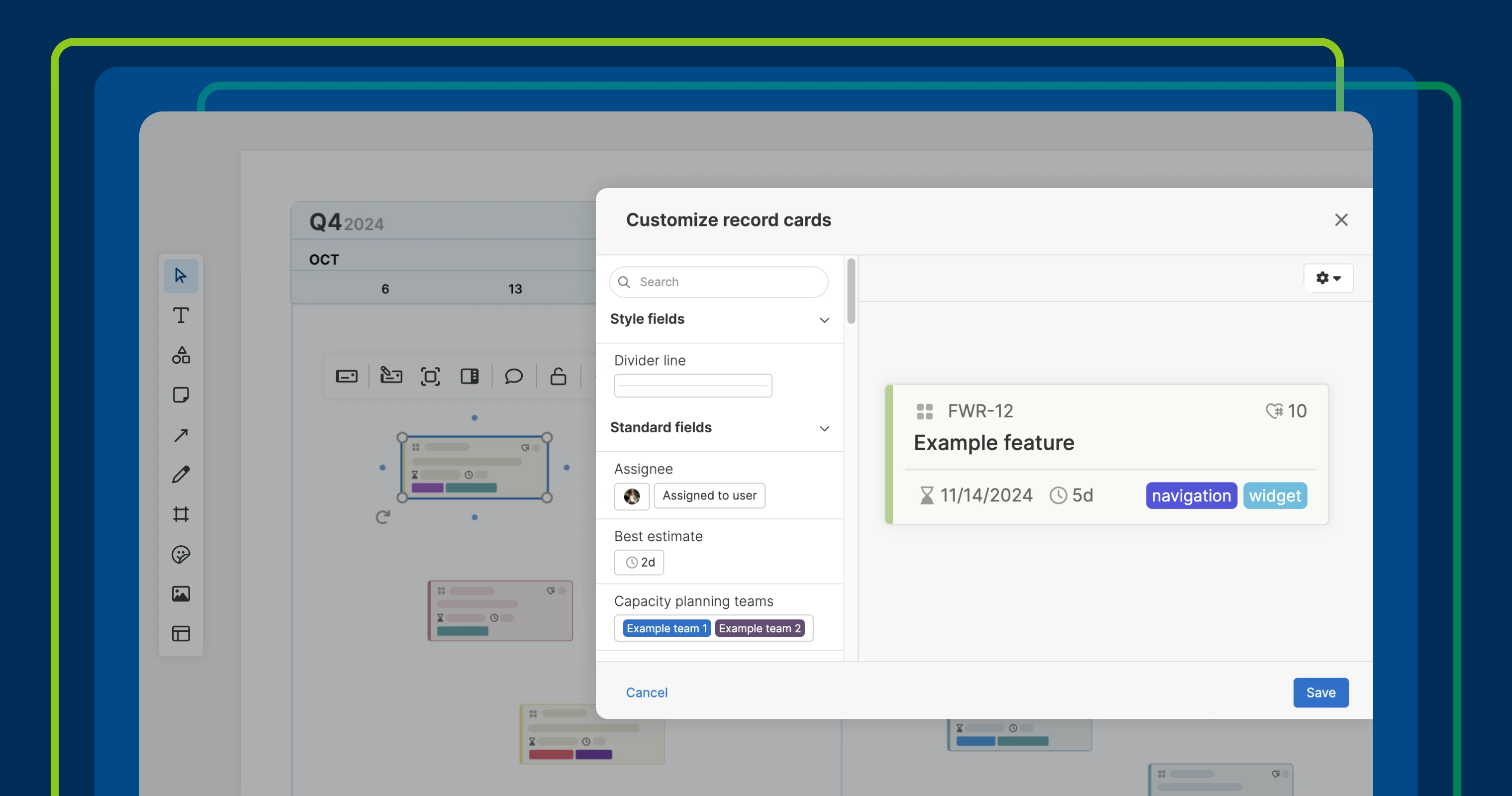 The custom card editor in Aha! overlayed over a whiteboard