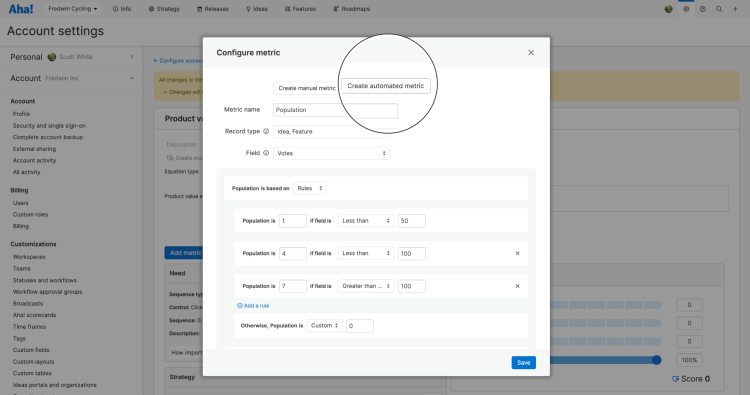 Create automated metrics to keep your product value scorecard up-to-date as data is updated in fields in Aha! Roadmaps.