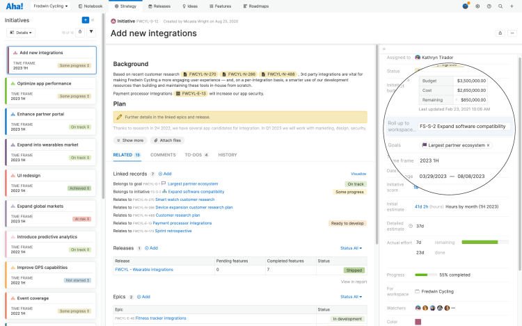 Initiatives details view with roll up to workspace option