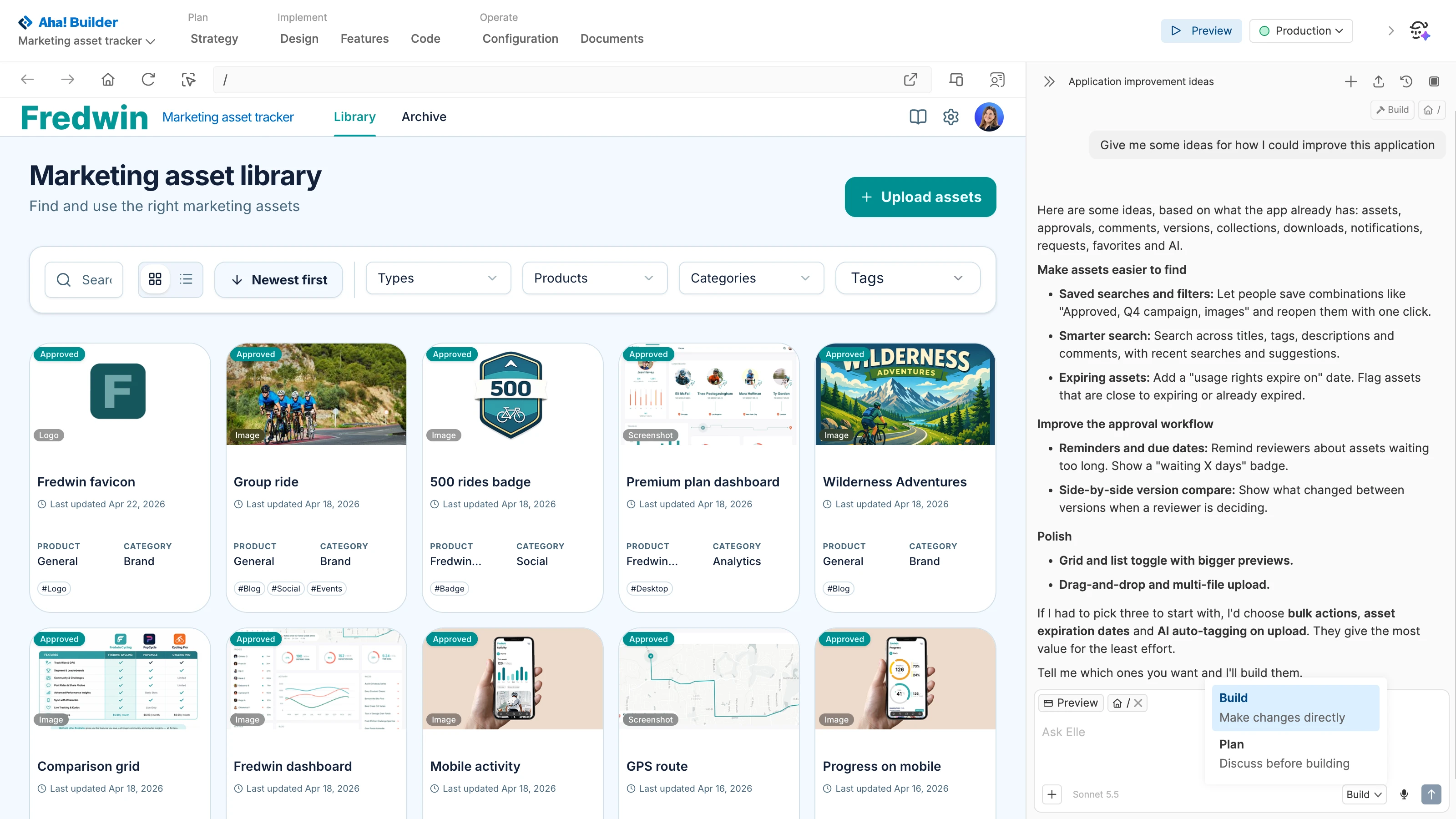 Build software like a marketing asset library and improve it with Elle, the Aha! AI assistant.