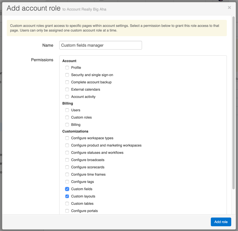 The Add Account Role modal showing custom role customization.