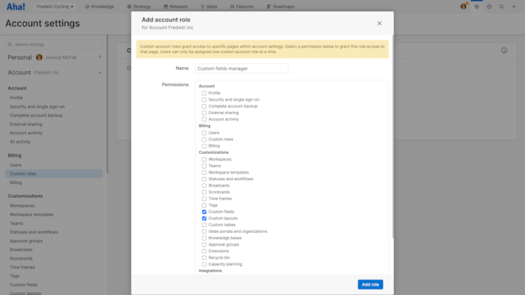 The Add Account Role modal showing custom role customization.