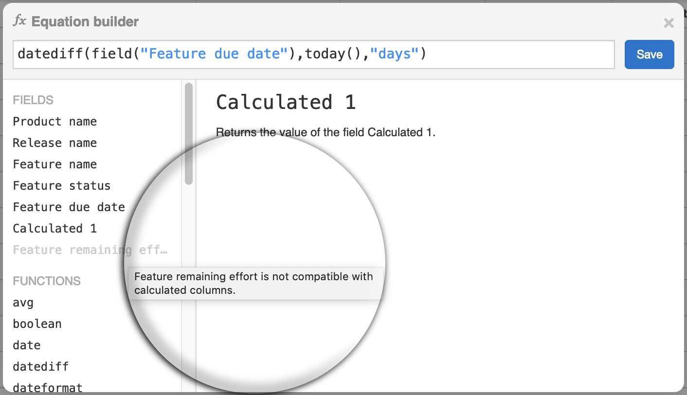 Calculation column equation builder showing the field incompatible tooltip.