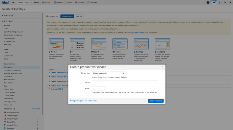 The create workspace modal in front of the workspaces account settings.