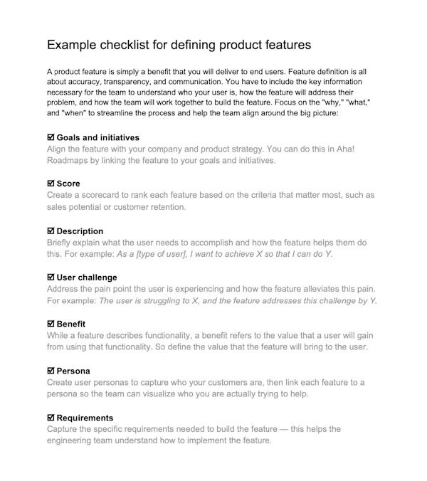 A checklist for defining product features