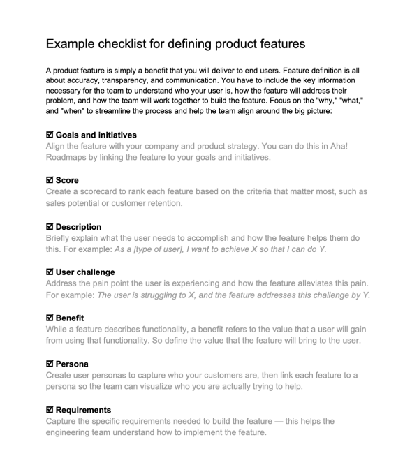 A checklist for defining product features