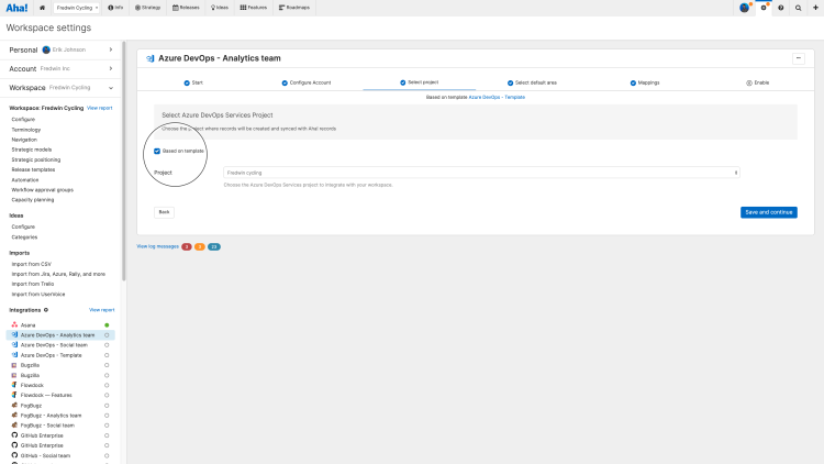 Azure DevOps integration configuration with "Based on template" selected.