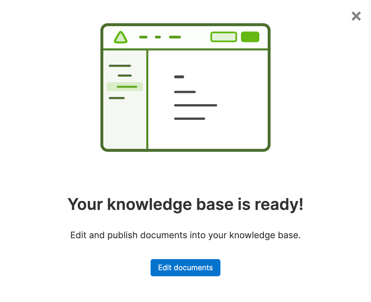 a message that your knowledge base is ready with a link to edit documents