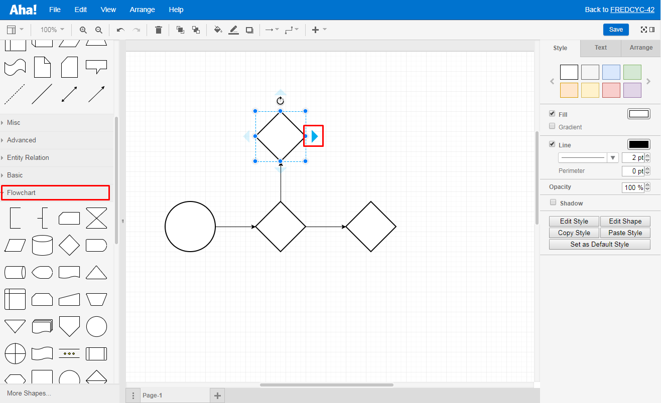A flowchart mockup with highlights of the available shapes and links available.
