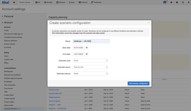 The default scenario configuration is hours by team.