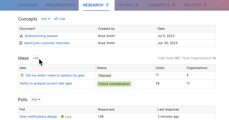 Research tab in Aha! Roadmaps
