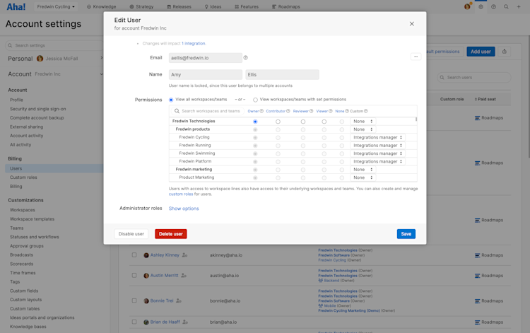 Edit user permissions modal with highlight over the custom role settings.