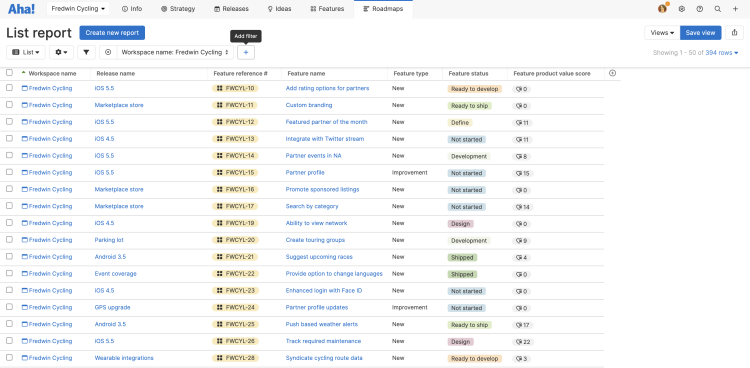 List report with add filter button