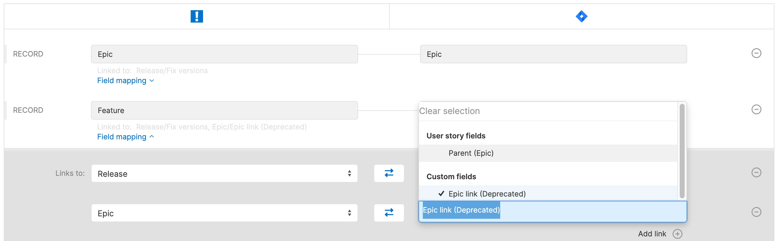 Jira integration configuration mappings step showing new parent field.
