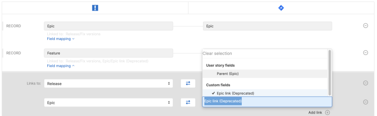Jira integration configuration mappings step showing new parent field.