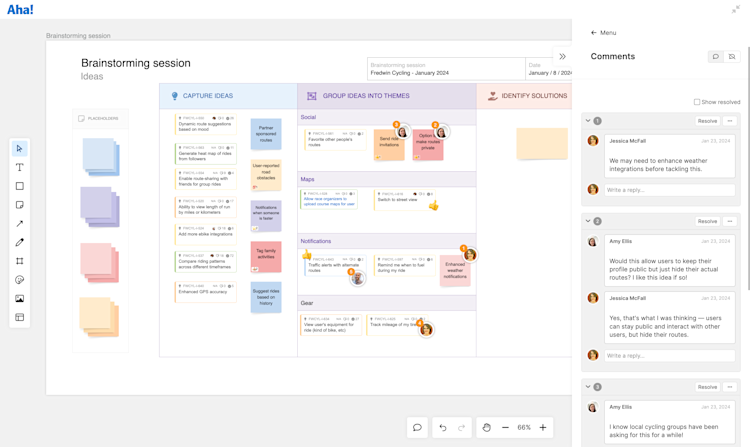 Brainstorming session whiteboard template with emoji reactions and inline comments