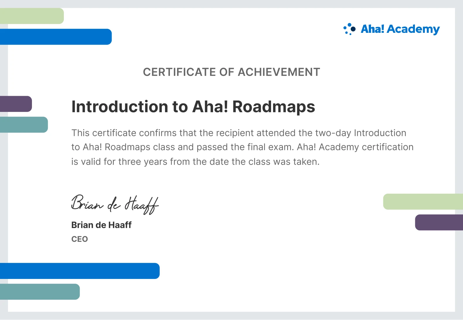 Aha! Academy Introduction to Roadmaps class certificate