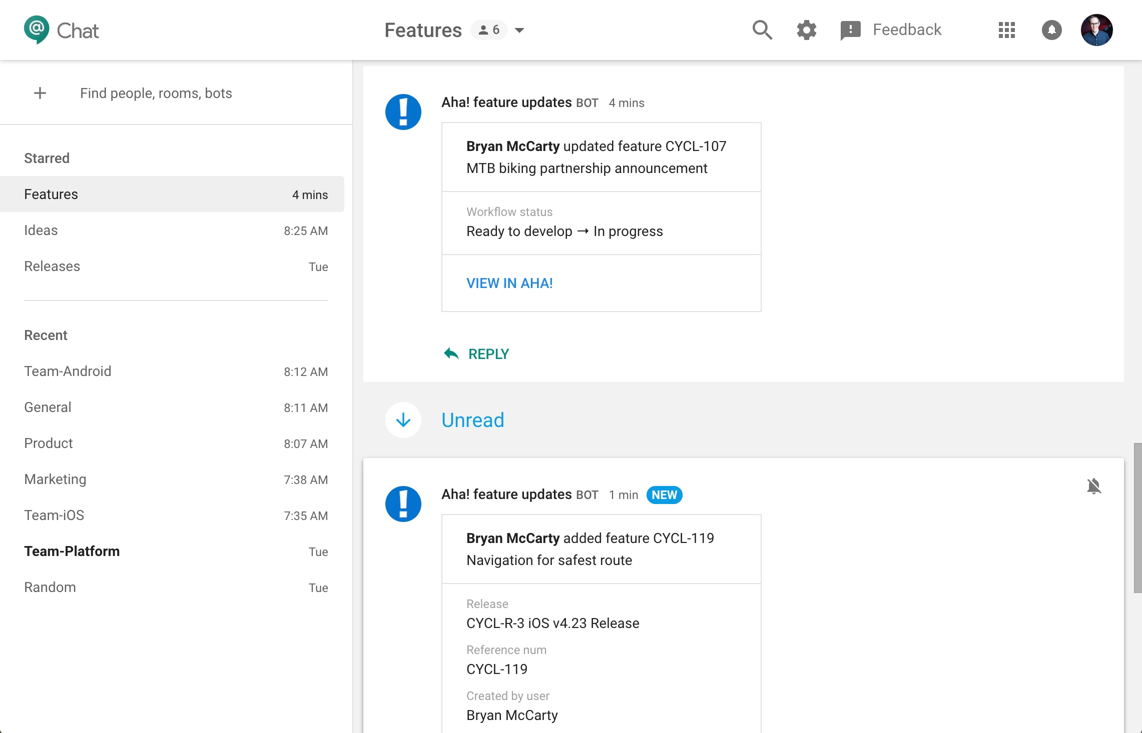 Blog - Just Launched! — Aha! + Google Hangouts Chat Integration - inline image