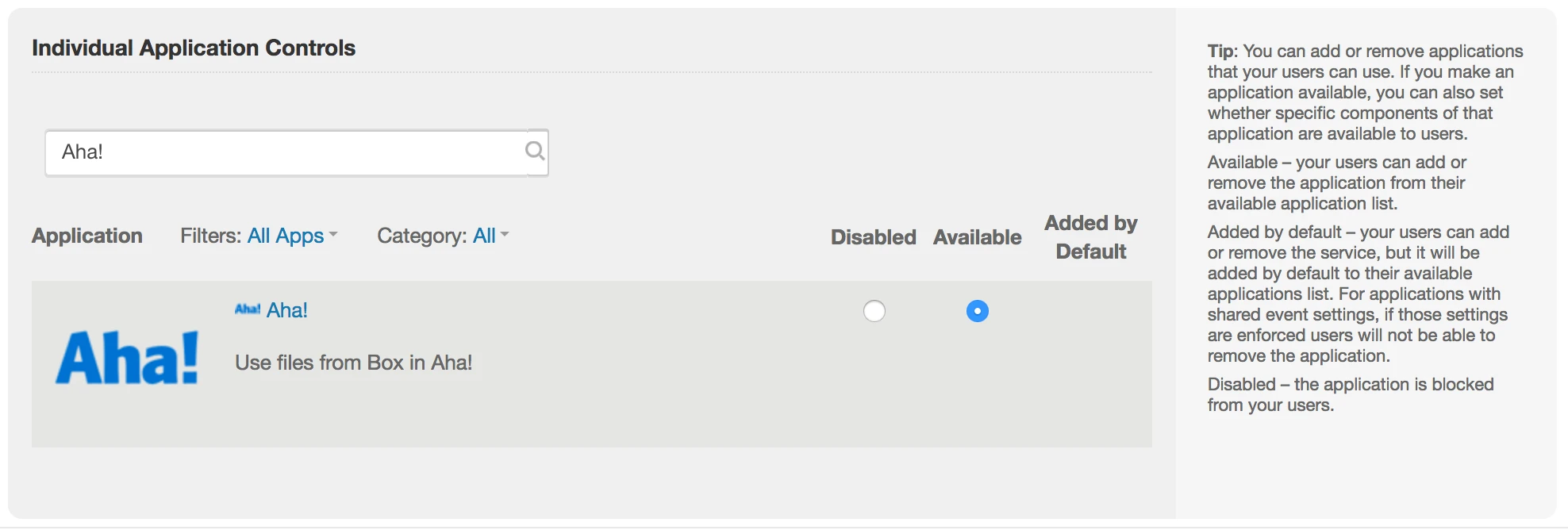 Individual application controls in Box allowing you to add the Aha! integration.
