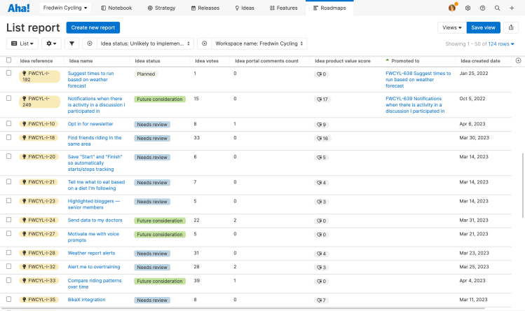 list report of ideas in Aha! Roadmaps