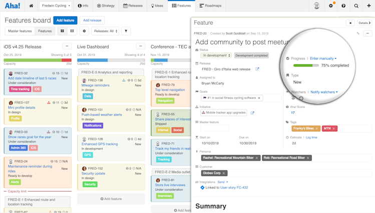 The progress field in Aha! will be set to enter manually when an update comes back from the development system.