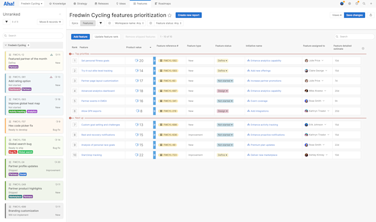 Features prioritization view for a SAFe PI Planning session showing the top ten features in the backlog.