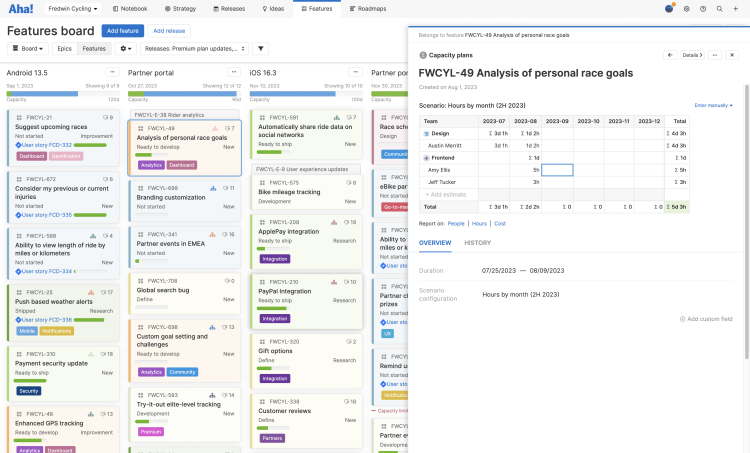 Feature drawer open in front of features board with the capacity planning for teams advanced estimate highlighted