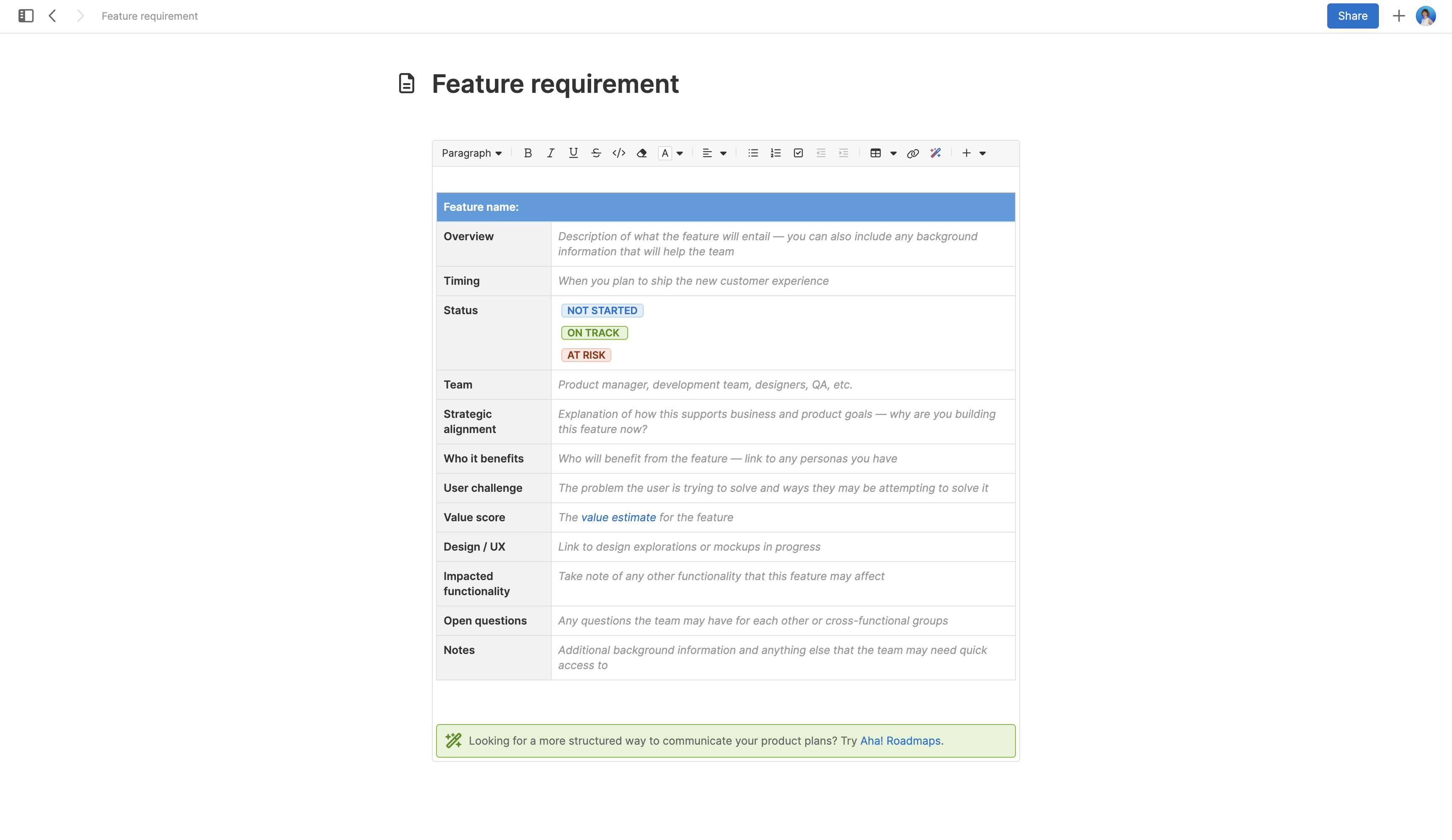 Feature requirement large