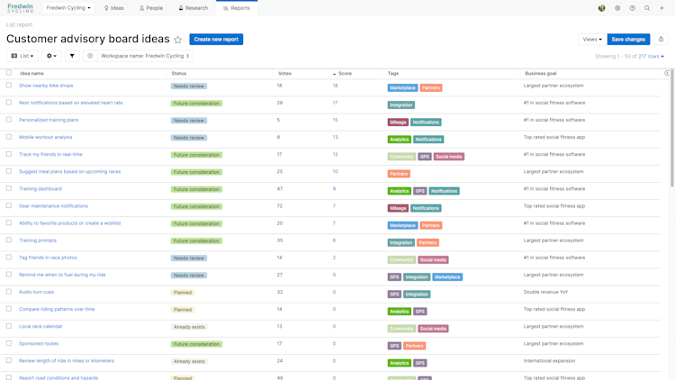 Filtered list report in Aha! Ideas.