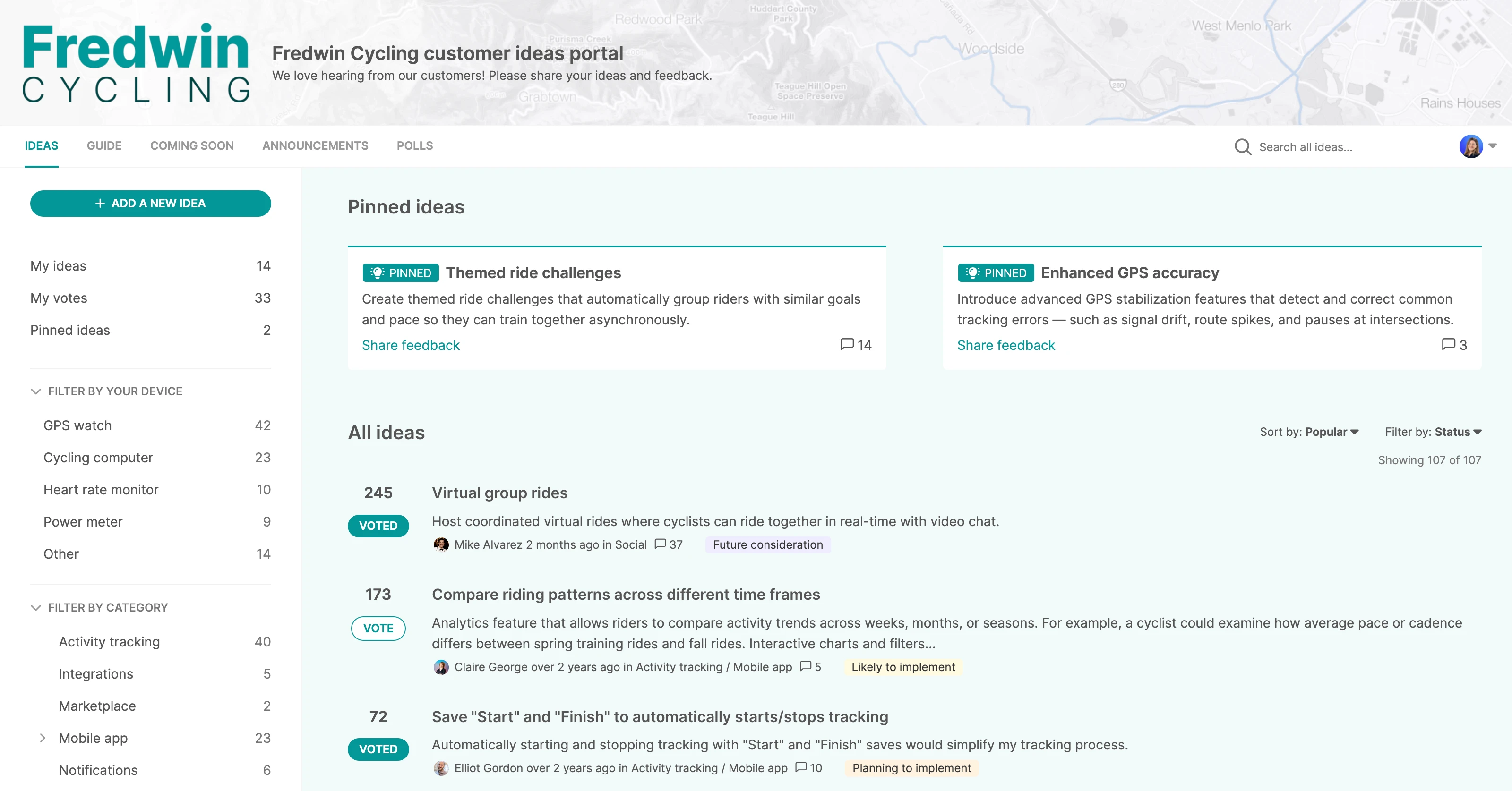 A custom-branded ideas portal built in Aha! software for a company called Fredwin Cycling. It shows multiple ideas from customers asking for virtual group rides.