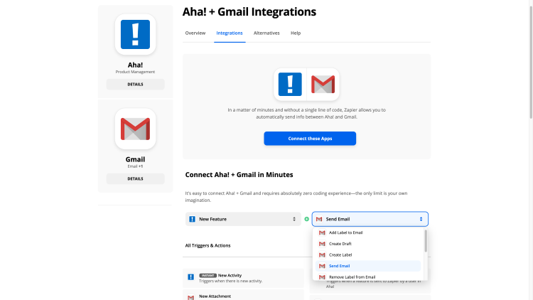 Set a trigger and an action to automate workflows between Aha! and other web applications